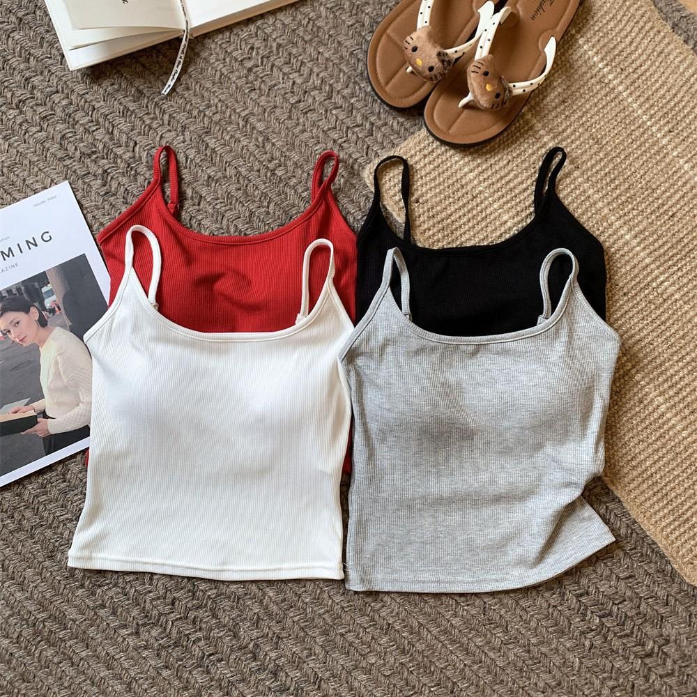 6967 #Human Cotton Solid Color Simple And Versatile Sling Vest, Spice Girl With Chest Pad Base, Short Outer Top