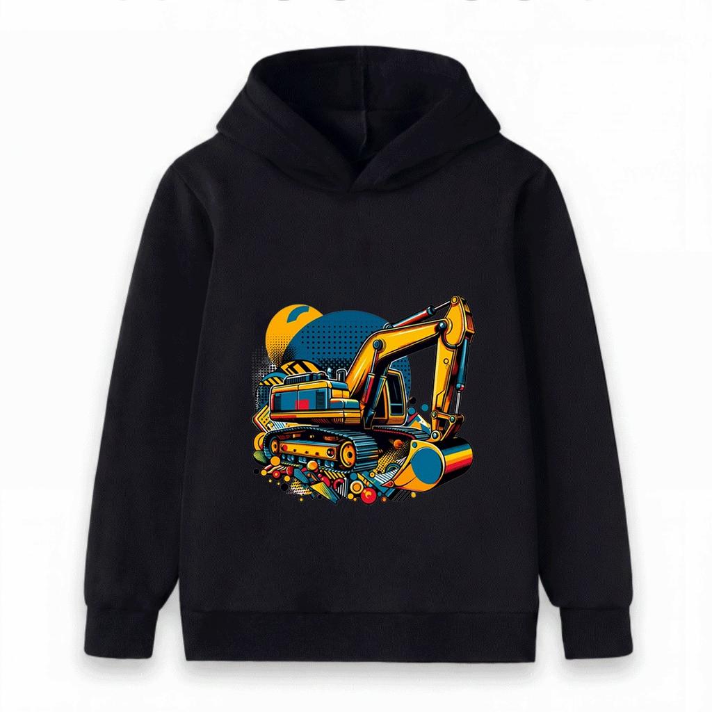 Kids Excavator Print Hoodie Sweatshirt, Cartoon Construction Vehicle Pullover for Boys Girls, Casual Long Sleeve Tops for Daily Wear