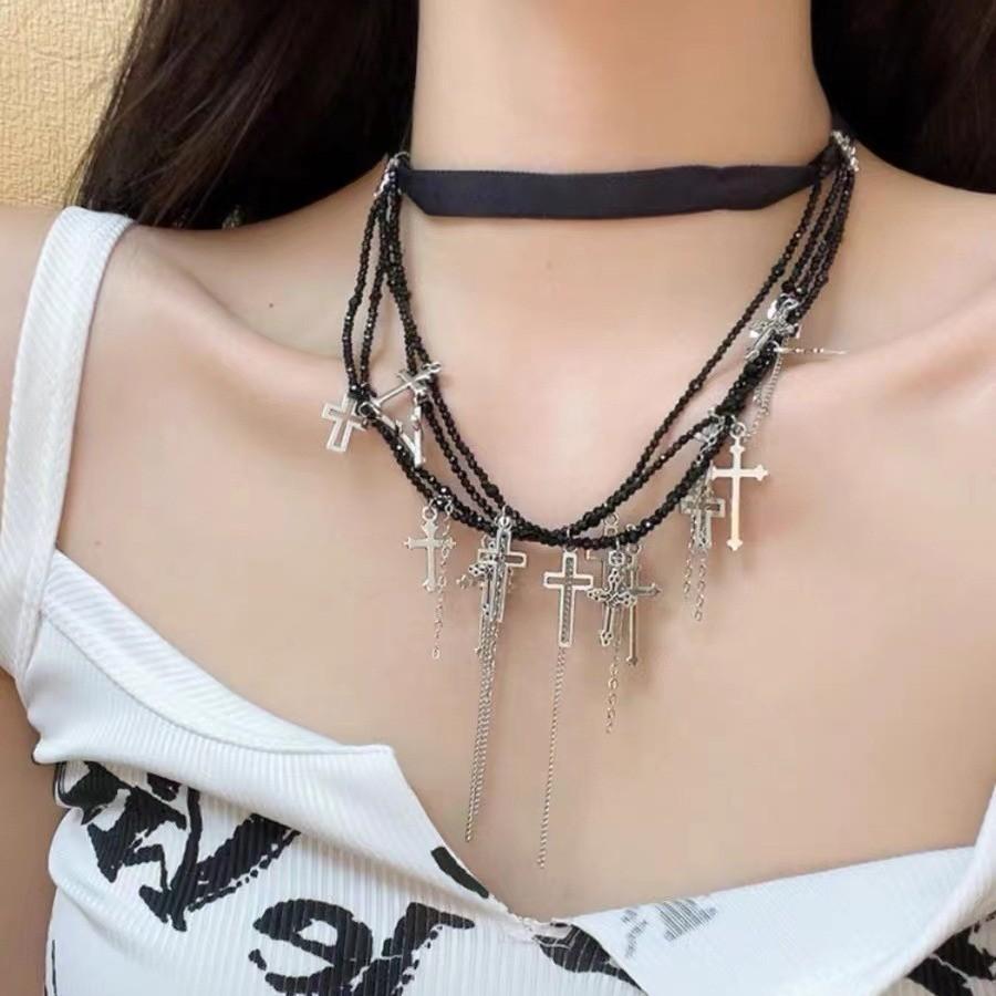 Punk Cross Dark Style Necklace Geometric Shape Tassel Choker For Travel Souvenir