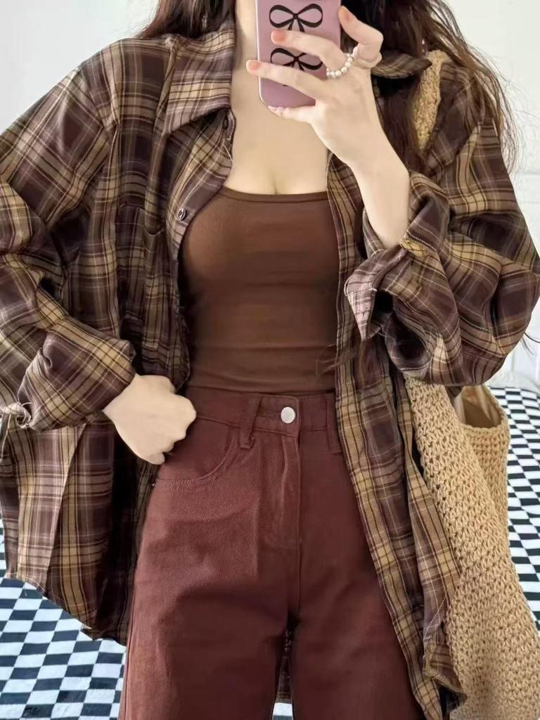 Retro Plaid Long Sleeve Shirt Jacket - Trendy Loose Casual Top for Women's Spring and Autumn Fashion