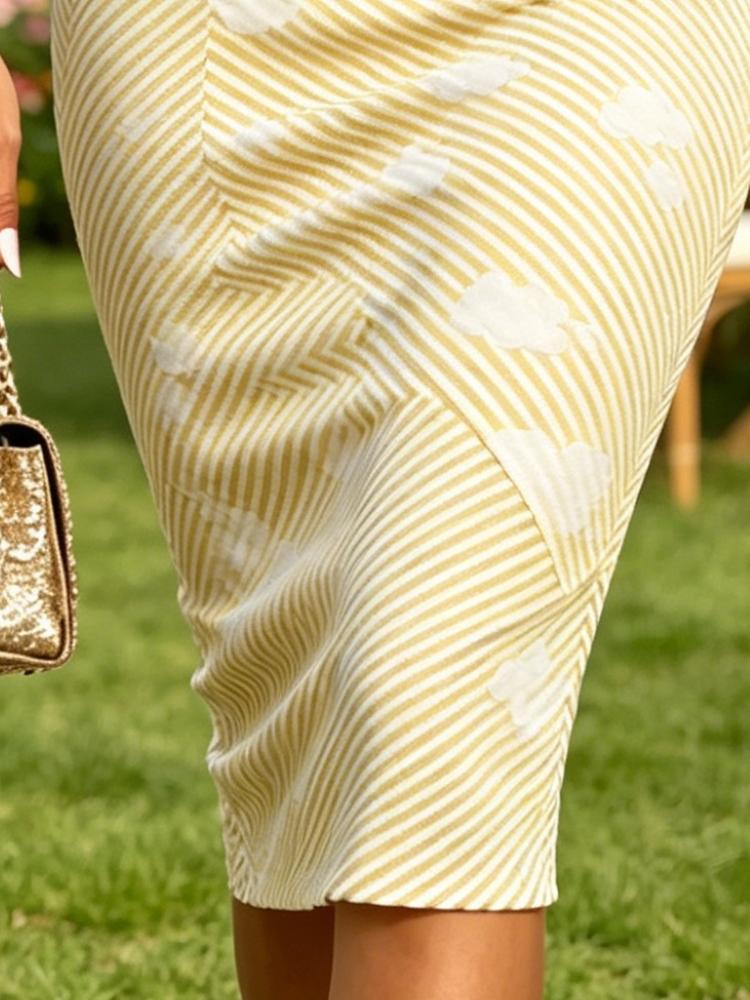 Summer Women's One Shoulder Midi Dress Stripe & Cloud Print Yellow White Bodycon Sundress