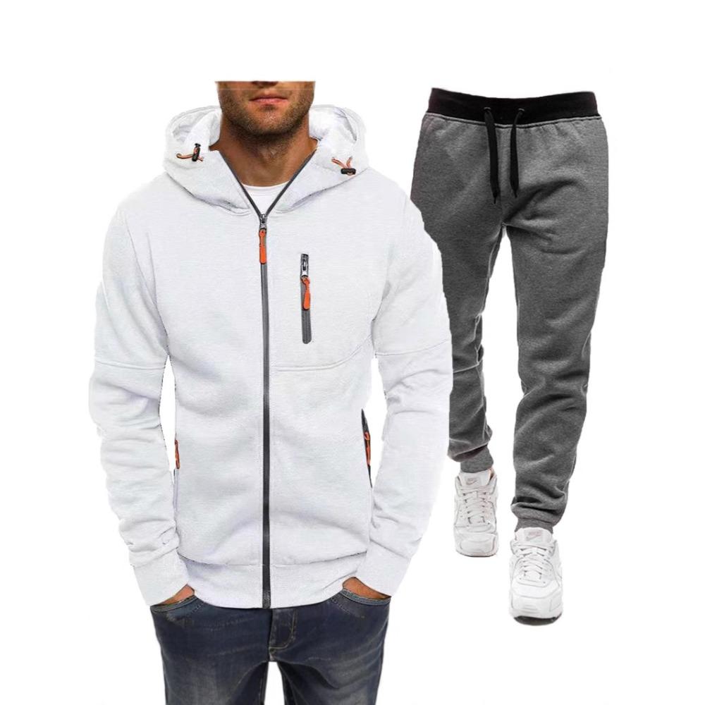 Men s Casual Hoodie Sports Fitness Hooded Zipper Cardigan Set L белый