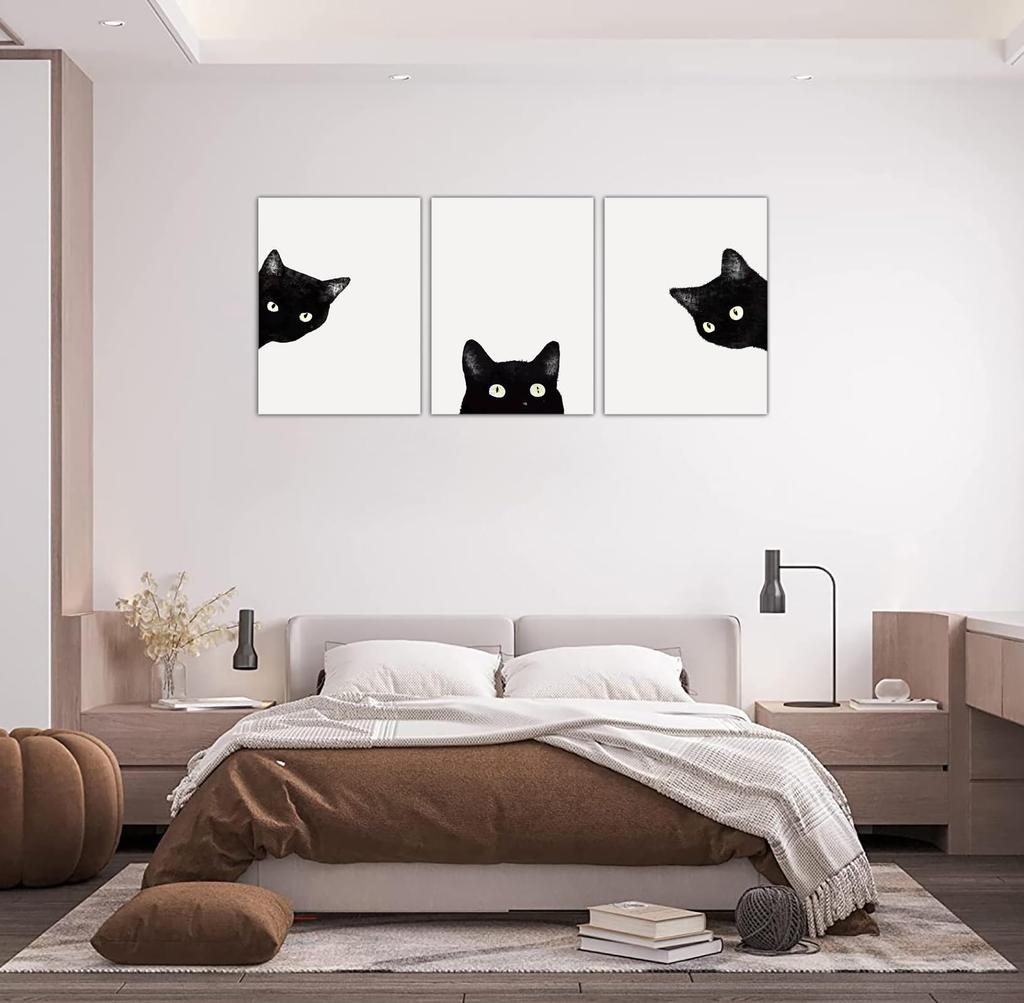 Black Cat Art Decorative Animal Cat Wall Modern Contemporary Poster Sofa Background Wall Hanging for Living Fully Framed 3-Panel Panel, Painting, Art,
