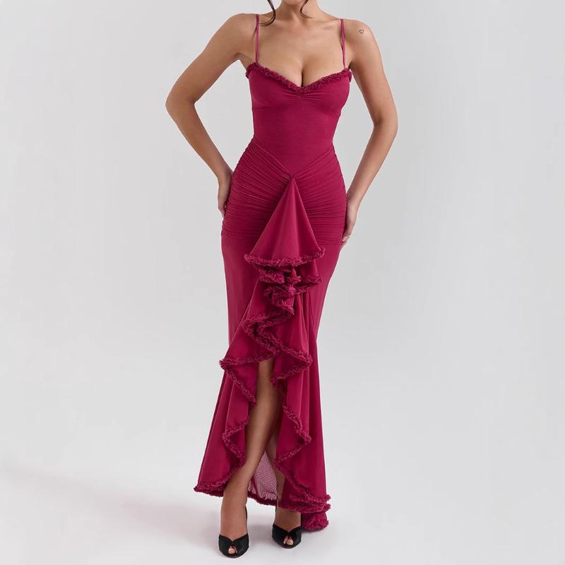 

European and American sexy mesh suspender pleated irregular design women s dress S красный