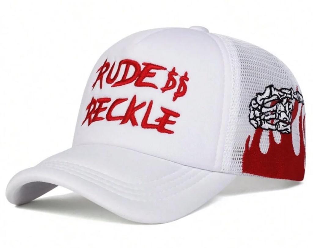 [sproutsy] Rude Reckle Mesh Cap, Embroidered Baseball Cap, Breathable, Black/White, Summer Cap (JP, Number Size, 58.0 cm, White)