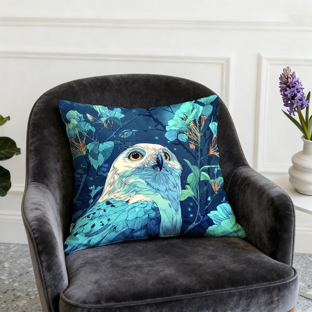 1Pcs Cushion Cover Dark Blue Background an Owl with BlueGreen Feathers Surrounded by Dark Flower Branches and Leaves Retr