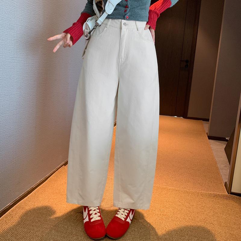 Women's Plum Purple Wide-Leg Washed Cotton Denim Pants - Autumn & Winter Casual Straight-Leg Nine-Point Trousers