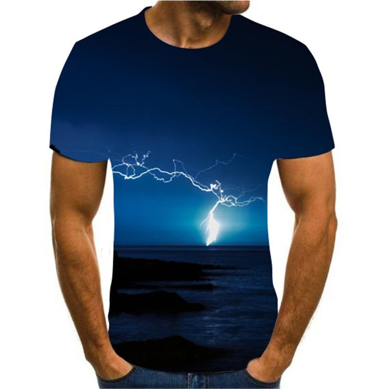 2024 Pánské tričko s 3D potiskem Tričko s potiskem krajiny s blesky Kulatý výstřih Plážová trička Pánské tričko Léto