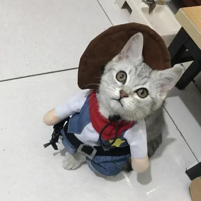 "Adorable Cowboy Outfit for Dogs & Cats - Fun Halloween Hoodie Jumpsuit with Jeans Design"