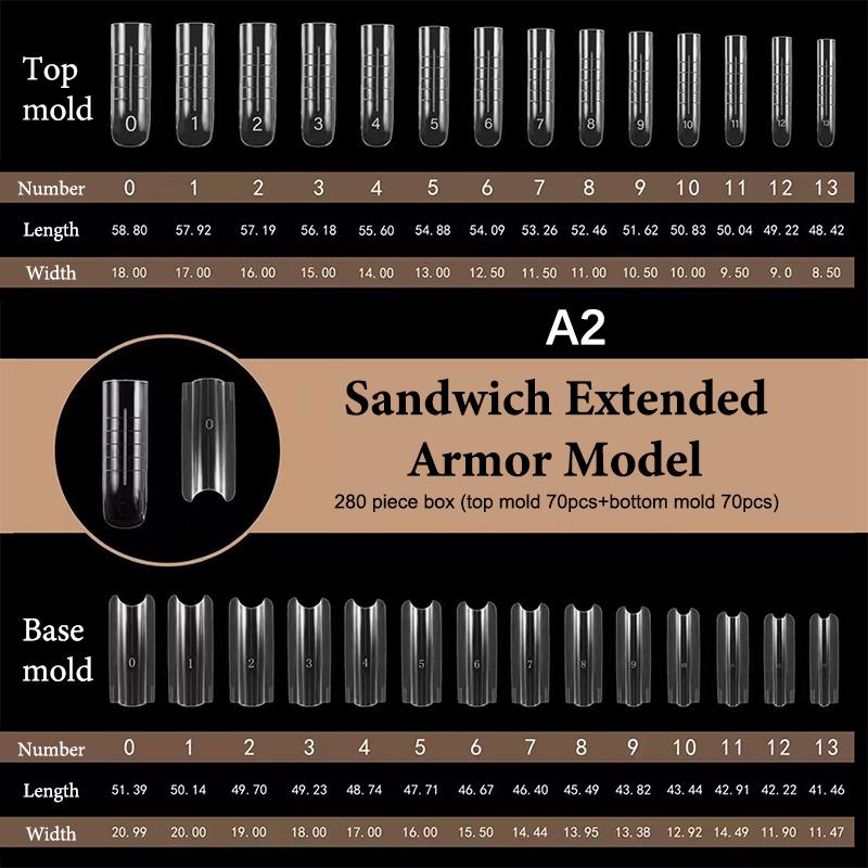 280pcs Sandwich Dual Forms Nail Extension Upper Mold Coffin Almond Acrylic Top Bottom Molds 14 Sizes Nail Forms