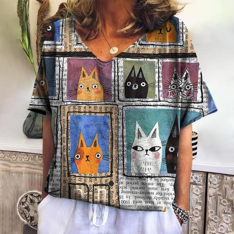 Frauen T-shirt Cartoon Katze Drucken Lose Freizeit Sommer Kurzarm V-ausschnitt Kawaii T-shirts Mit Katze Lustige Weiblichkeit Kleidung