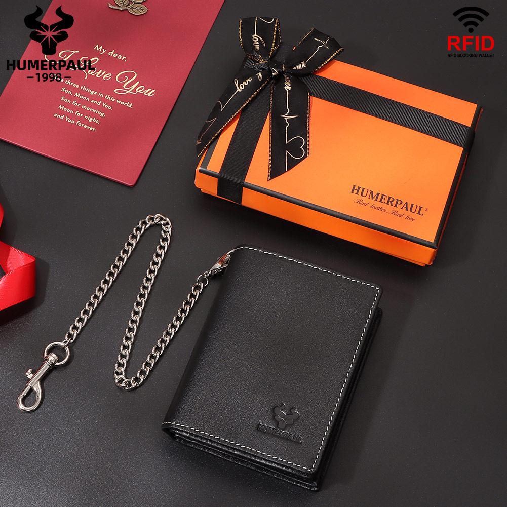 Humerpaul Συσκευασία συσκευασίας δώρου Γνήσιο δέρμα Ανδρικό πορτοφόλι Rfid brush slim card bag Αντικλεπτική αλυσίδα