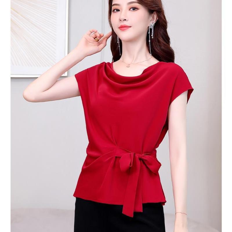 Chiffon Shirt Women's New Summer Fashiona Age Reducing French Short Sleeve Blouse Solid Color Bottoming Top