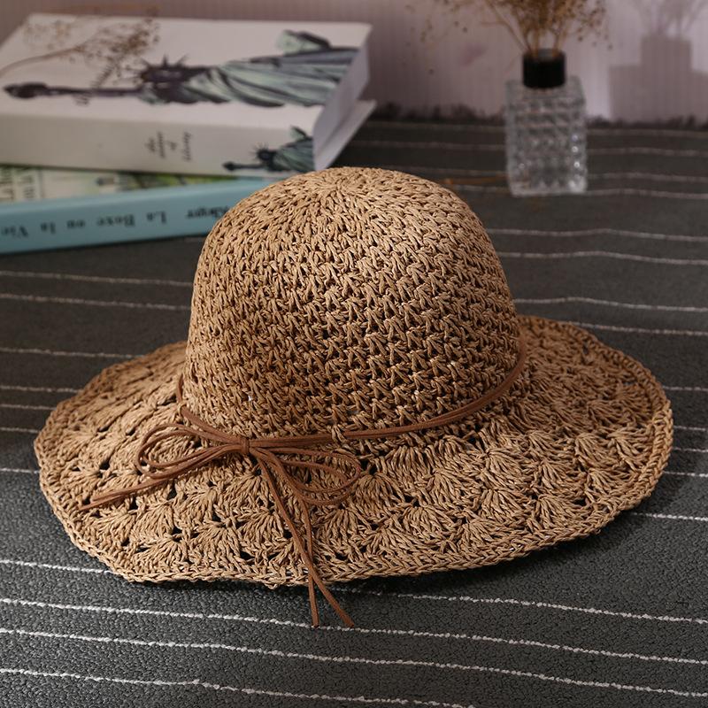 Women's Summer Handmade Crochet Straw Hat with Floral Pattern, Wide Brim Sun Hat, Hollowed-out, Foldable, Sun Protection Beach Fisherman Hat