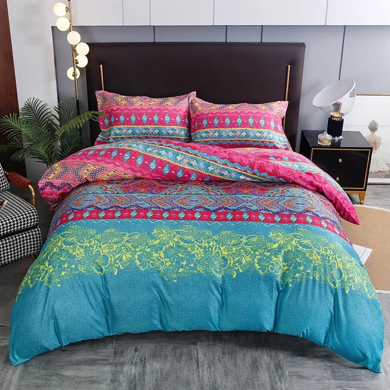 3pcs Boho Bedding Set Striped Geometric Duvet Cover and Pillowcases in Brown Ethnic and Traditional Style Soft Cozy Quilt Covers