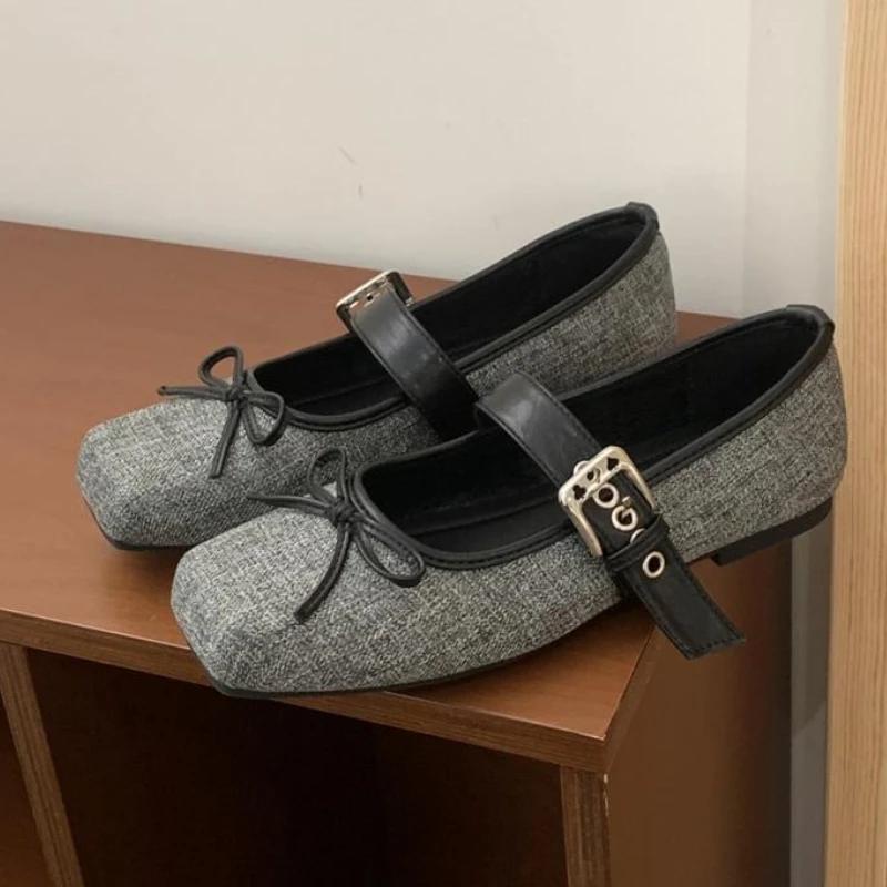 Fashion High Quality Cotton Mary Jane Shoe Women Sweet Square Toe Butterfly-knot Flats Fashion Comfort Narrow Buckle Brand Designer Shoe
