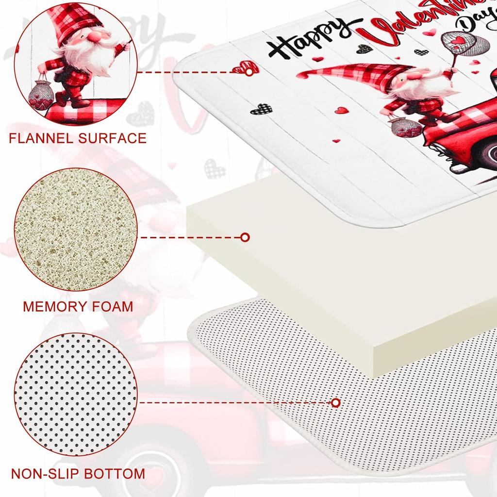 Likiyol Valentines Day Shower Curtain Sets with Rugs, Red Truck Gnome Valentines Bathroom Sets with Shower Curtain and Rugs, Buffalo Plaid Love Heart