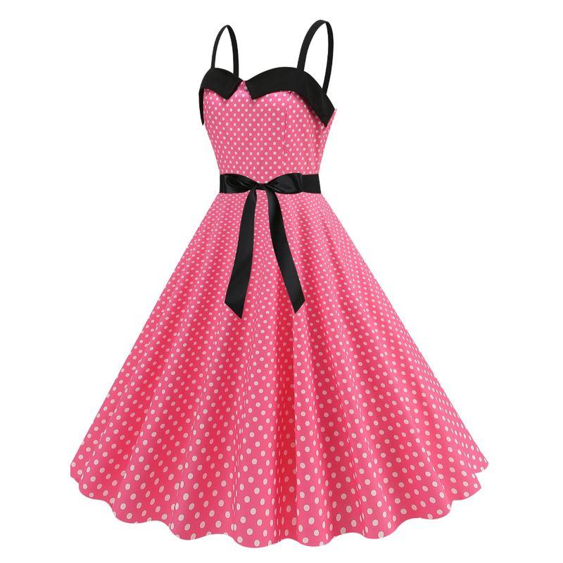 Sweet Retro S Summer Polka Dot Gingham Barbie Pink Color Matching Sleeveless Sling Dress Dance Skirt Morning Gowns