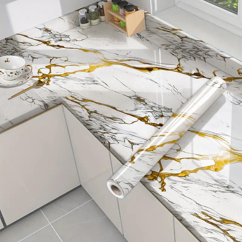 Self-Adhesive Gold Foil Marble Wallpaper Peel & Stick, Waterproof Oil-Proof Kitchen Backsplash Countertop Sticker, 5-Layer PET Wall Decal for Furnitur