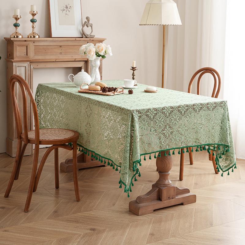 Elegant Pastoral Cotton-Linen Lace Tablecloth: Artistic, Dustproof, Non-Slip, Heat-Resistant, Hollow Design