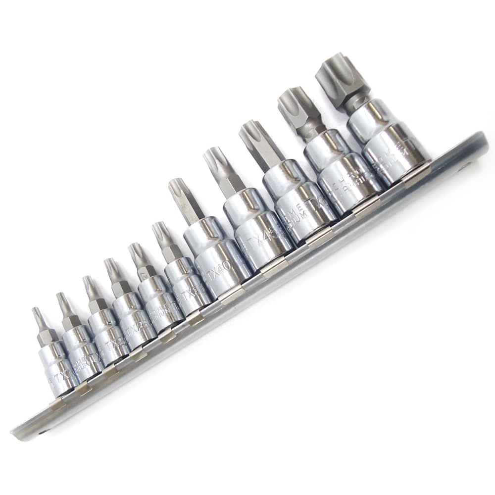 

Tamper-proof Torx bit socket set. Includes male Torx TRX, star-shaped, flower-shaped, and holed Torx socket wrenches. Sizes: TH-10, TH-15, TH-20, TH-2