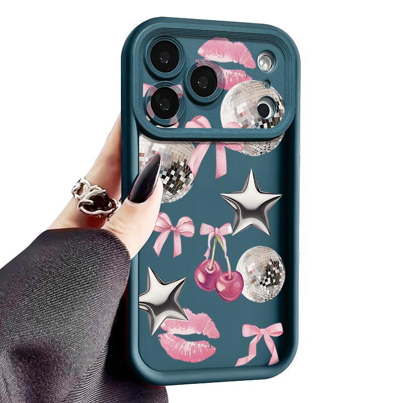 Cherry Bowknots Lips Disco Ball Case For iPhone 17 Pro Max Shockproof Silicone Bumper Cover For iPhone 16 Pro Max Funda iPhone 15 14 13 12 11 16E