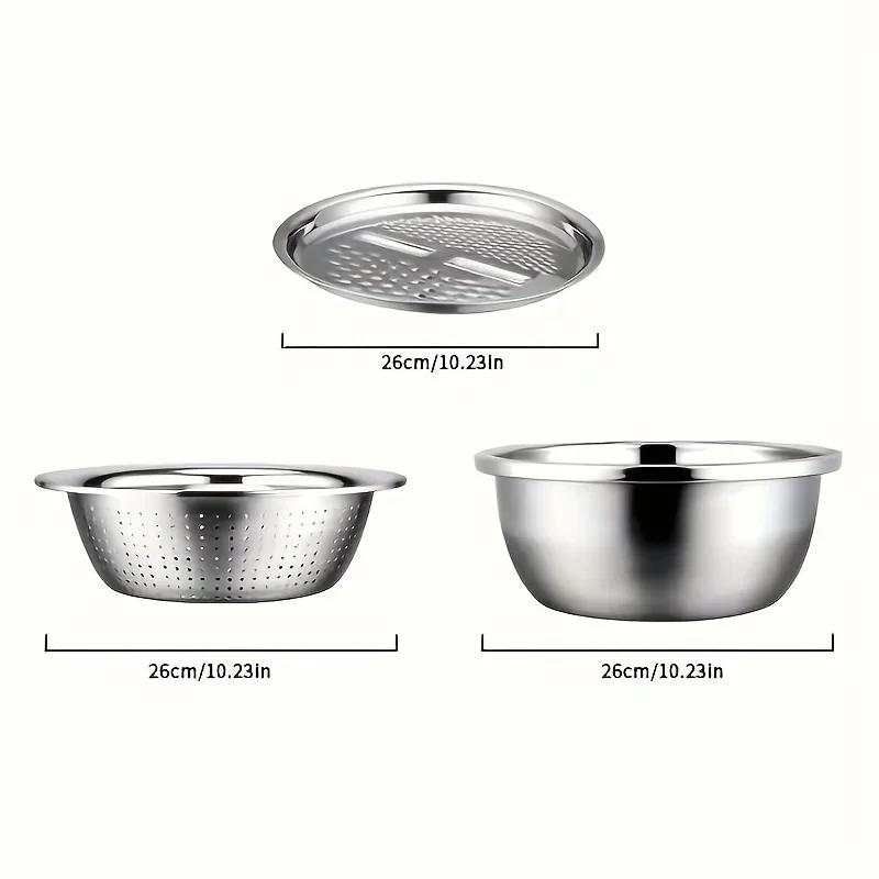 3 Piece Stainless Steel Mixing Bowl Set with Multifunctional Strainer for Fruit Veg Wash Slice