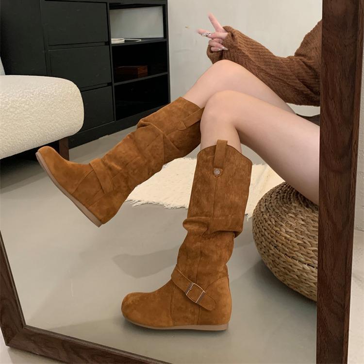 Miting retro inner heightening flat-bottomed western cowboy boots women's 2025 new matte suede low-heeled high boots