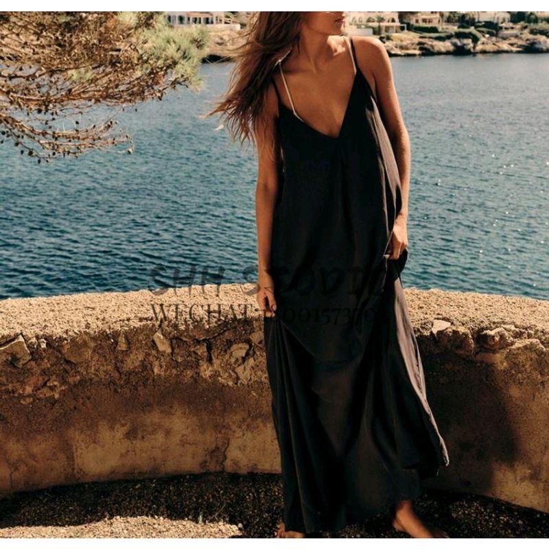 Spring New Sexy Open Back Vacation Style V Neck Mid-Length Camisole Elegant Midi Skirt Dress 8338302