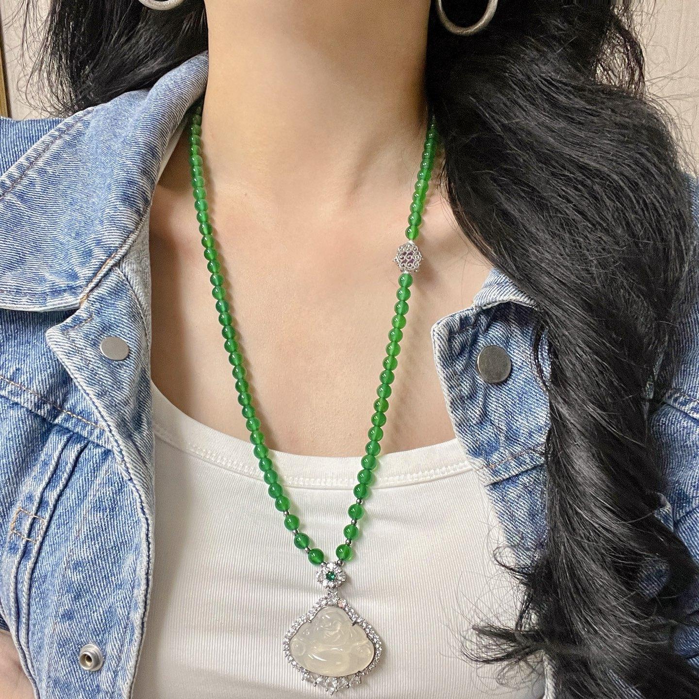 High Quality Natural Freshwater Pearl Ice Transparent Green Chalcedony White Chalcedony Buddha Gong Sweater Chain Necklace