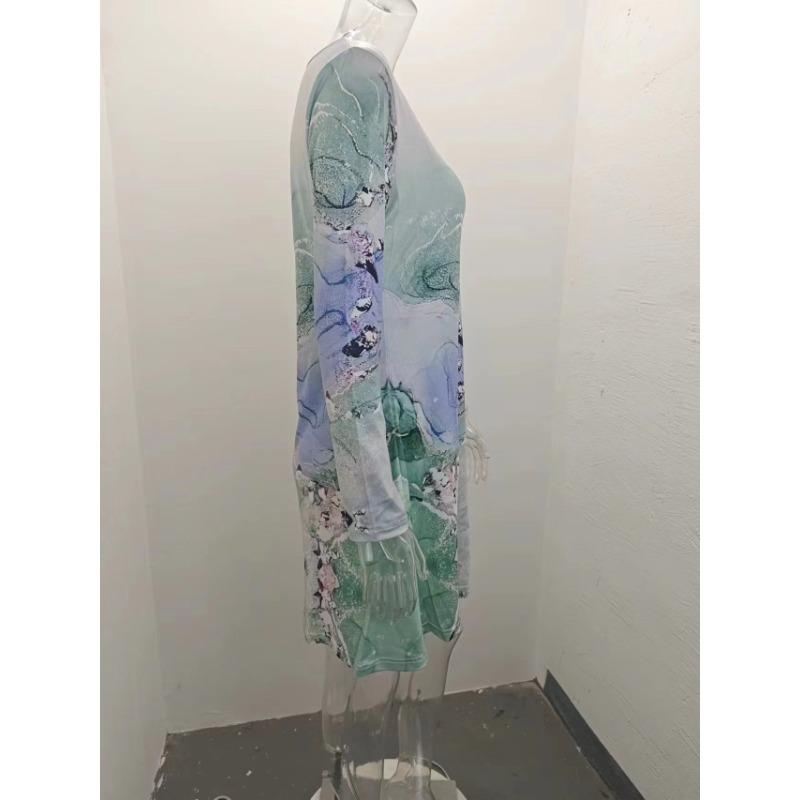 Vestido Feminino de Primavera e Outono Estampado Manga Longa Gola Redonda Vestidos Midi