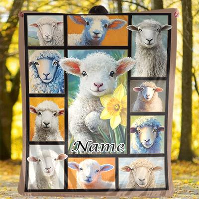 Sheep Collage With Daffodil Flower And Personalized Name Customizable Outdoor Blanket Customize Text Soft Warm Cozy For Picnics Outdoor Travel And