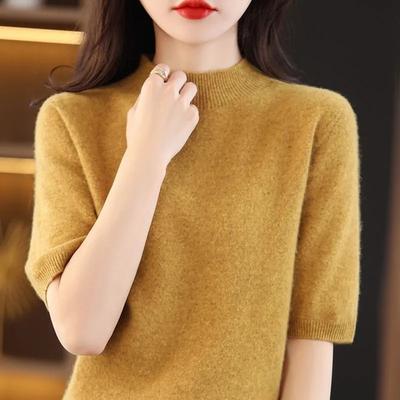 Spring/Summer Short Sleeve Sweater Women's Half Turtleneck Short Loose Five Points Half Sleeve T-Shirt Versatile Knitted Bottoming Shirt Women's Top