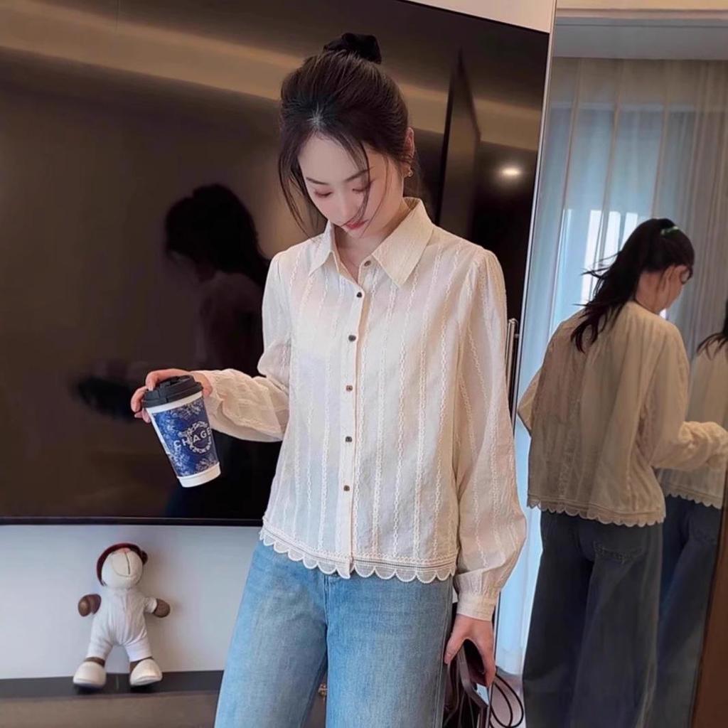 Spring 2025 Women's Lace Patchwork Long-Sleeve Shirt: Fashionable, Age-Reducing, Petite Design