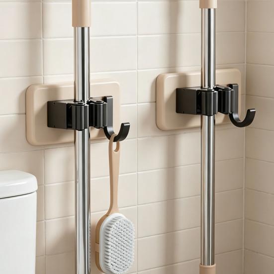 Mop And Broom Holder Heavy Duty Broom Storage Rack Wood Mop Organizer Self Adhesive Mop And Broom Hanging Rack for Bathroom Balcony Cleaning Tools