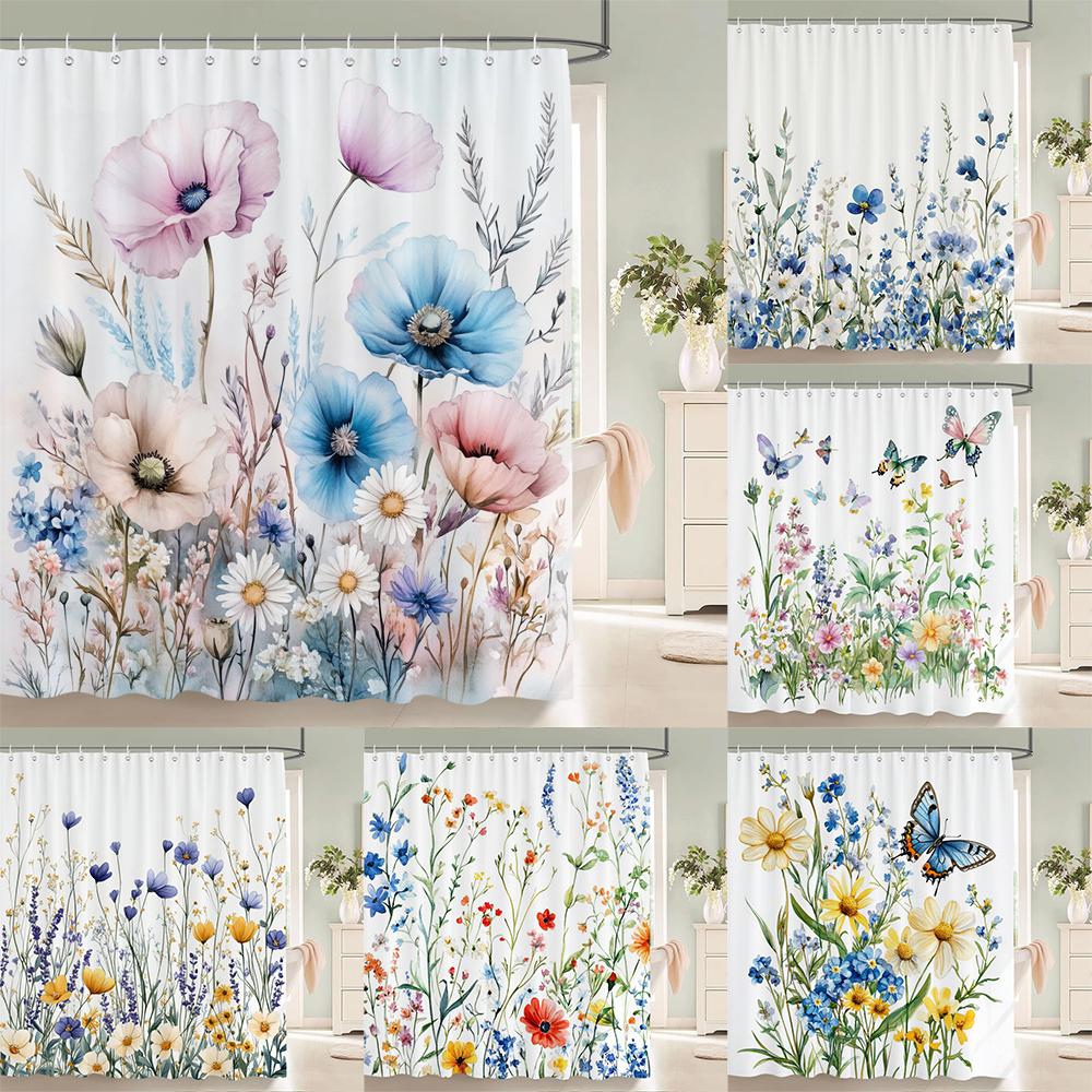 Watercolor Flowers, Leaves And Butterflies Shower Curtain Floral Printed Bathroom Bath Curtain Home Decor Curtain With Hooks