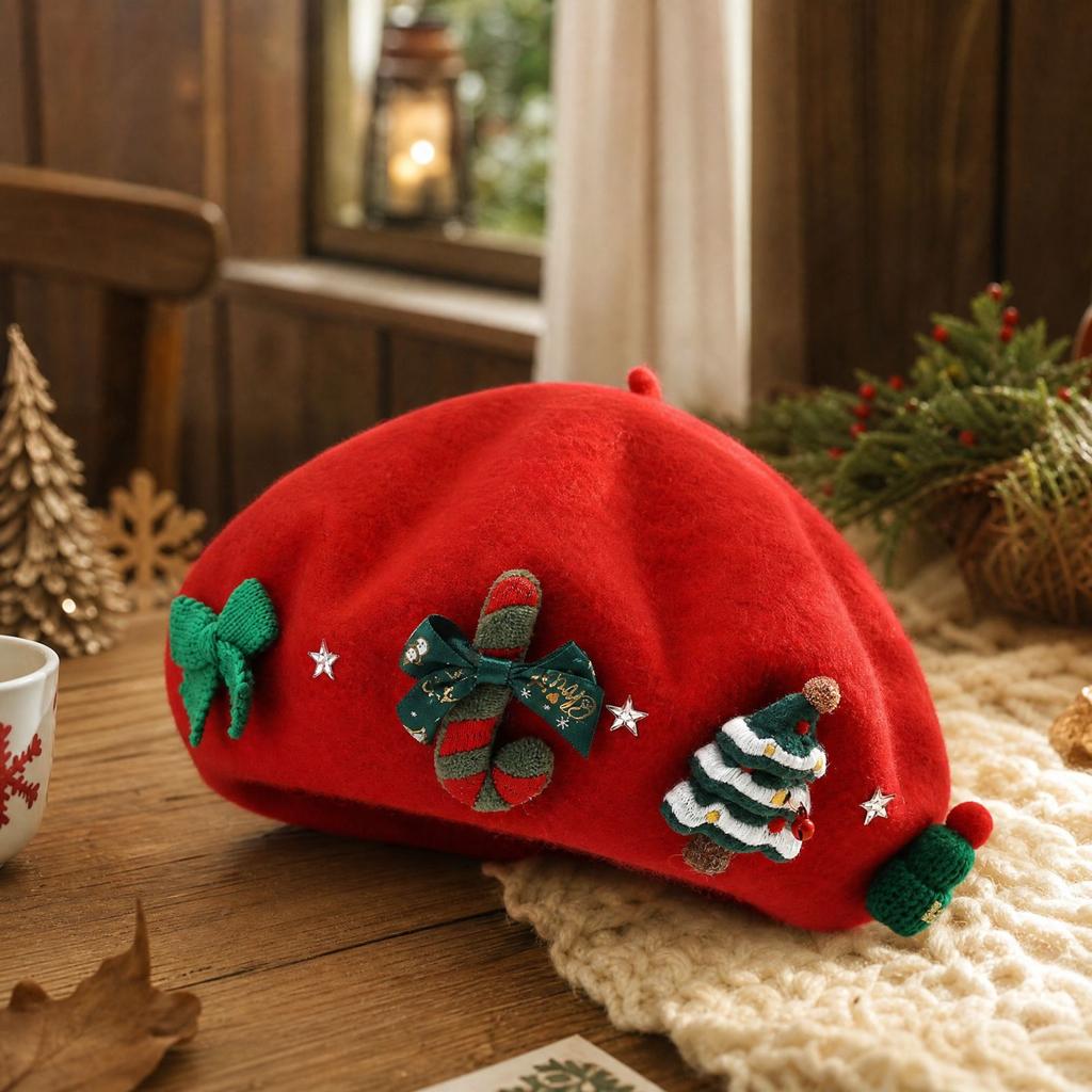 Women's Christmas Beret Hat with, Warm Painter for Winter and Holiday Outfits