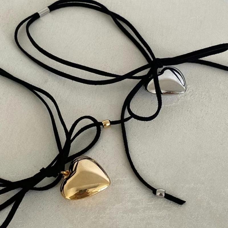 Heart Pendant Collar Necklace Long Rope Bow-Tie Choker Necklace Fashion Jewelry Neck Tie Clavicle Chain Necklace