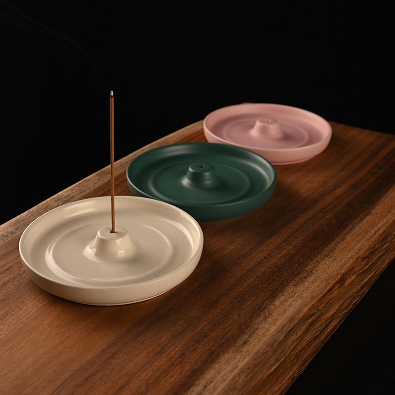 Ceramic Round Incense Holder for Indoor Use - Japanese Style Incense Burner with Line Design.
