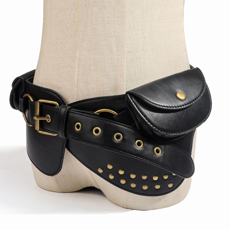 Rivets Studded PU Belt with Coin Pouch Fanny Bag Belt Waist Strap For Jeans Pants Daily Wear and Formal Event
