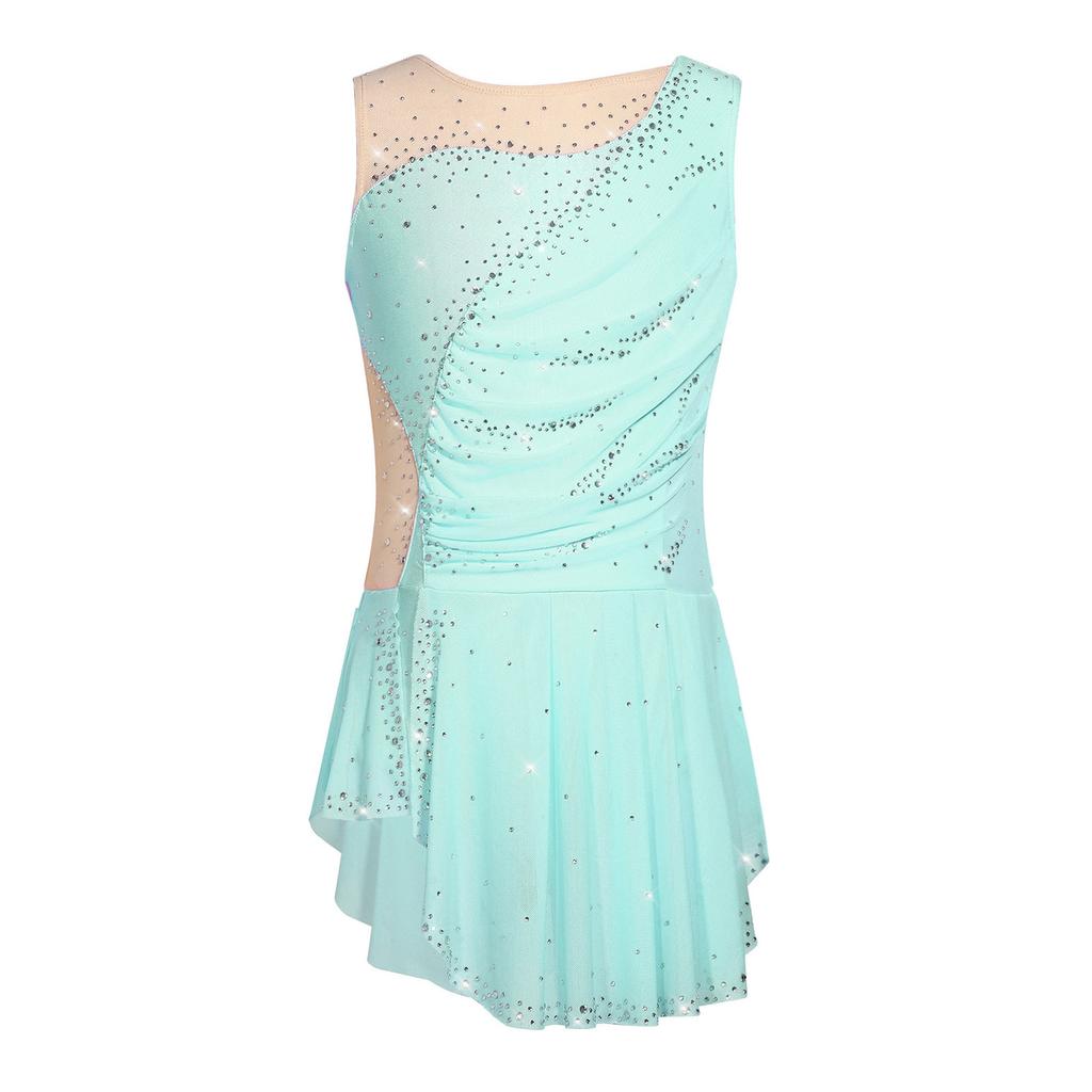 Girls Figure Skating Dress Sleeveless Sparkly Rhinestones Ruched Mesh Built In Briefs Dancewear