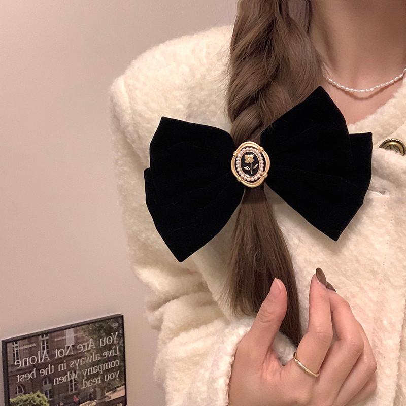 Black Velvet Rose Bow Hair Clip for Women's Elegant Ponytail Clip Fashion Hair Accessory