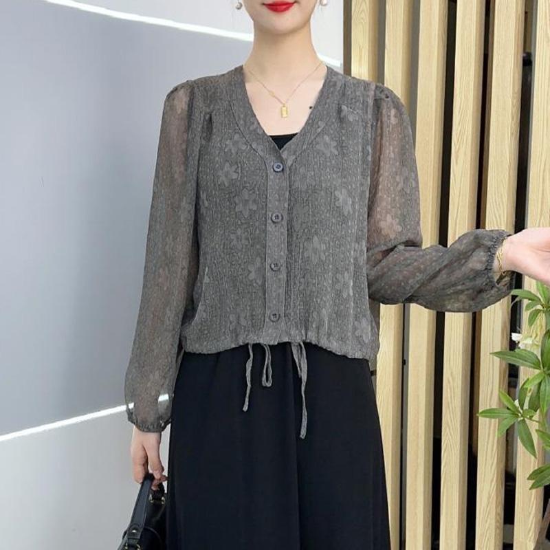 2023 New Spring and Autumn Fashion Temperament Commuting Minimalist V-neck Printed Loose Casual Versatile Sunscreen Shirt