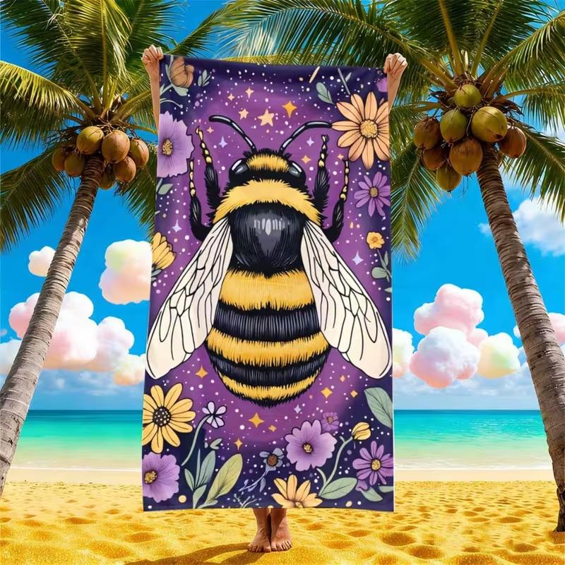 Purple Starry Sky Bumblebee Daisy Floral Beach Towel Cute Insect Flower Quick Dry Sand Resistant Soft Towel Summer Vacation