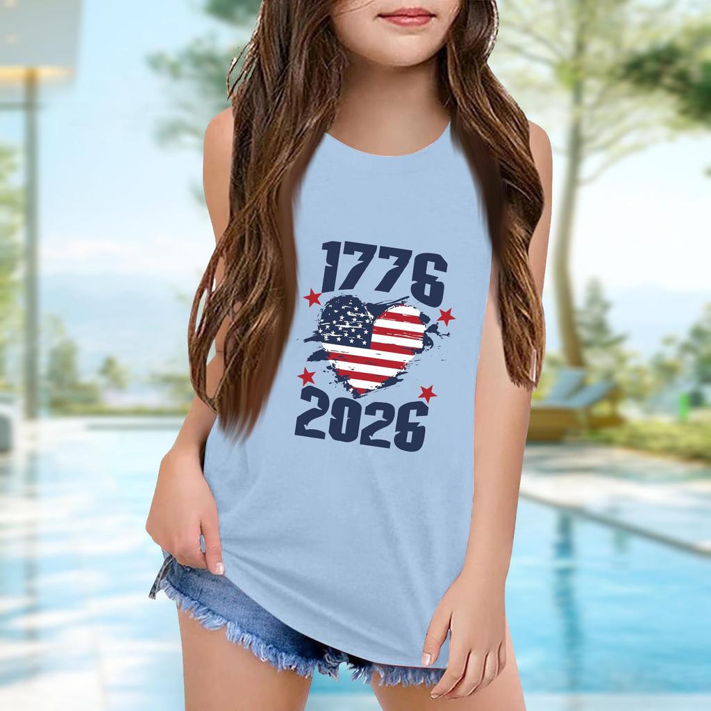 Girls  Kids Summer Crewneck Sleeveless Shirts Tank Tops Independence Day