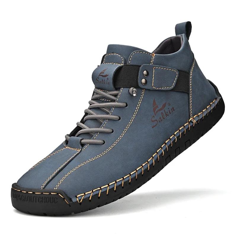 Fashion Winter New Men's Low-top Ankle Boots High Quality Hand-stitched Hook&loop Leather Casual Sneakers Classic Man Shoes Plus Size 48