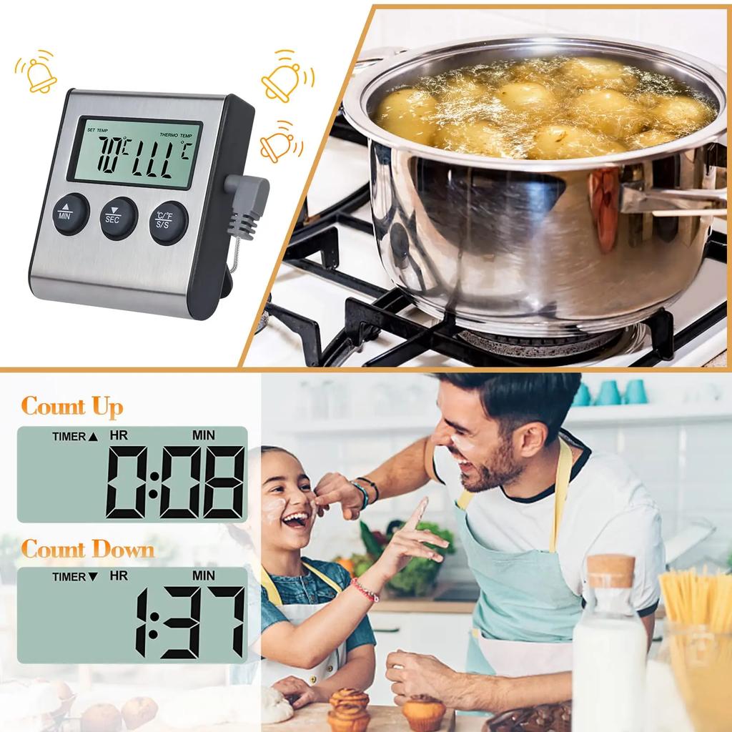 Professional Digital Kitchen Thermomete Cooking Meat Food Thermometers with Alam,Timer 304 Stainless Steel Probe for BBQ,Liquids