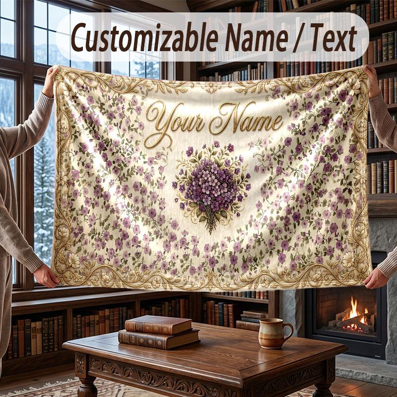 Floral Garden Theme Throw Blanket Custom Name Text Personalized Blanket Soft Cozy Blanket for Home Sofa Bed