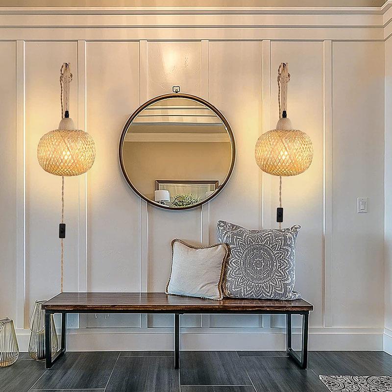 Retro Bamboo Weave Bedside Wall Lamp - Japanese Rattan and Wood Lighting Fixture for Rustic Bedrooms and Restaurants