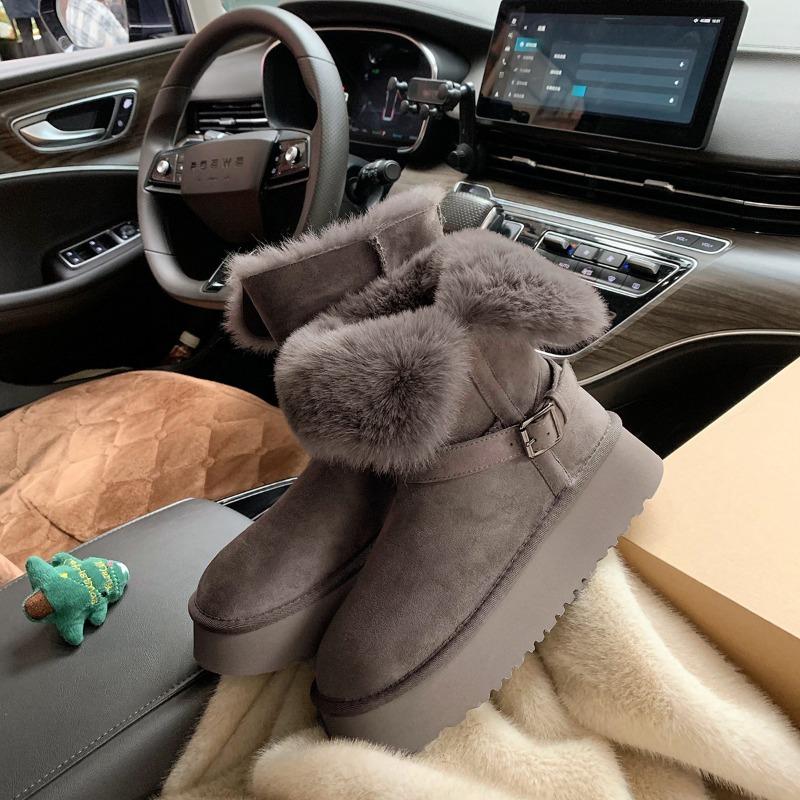 Buckle Thick-soled Fluffy Flanged Thermal Cotton Shoes Medium and Long Snow Boots Women's Winter Models